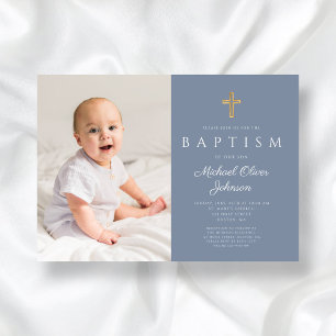 Dusty Blue Religious Cross Boy Photo Baptism Invitation