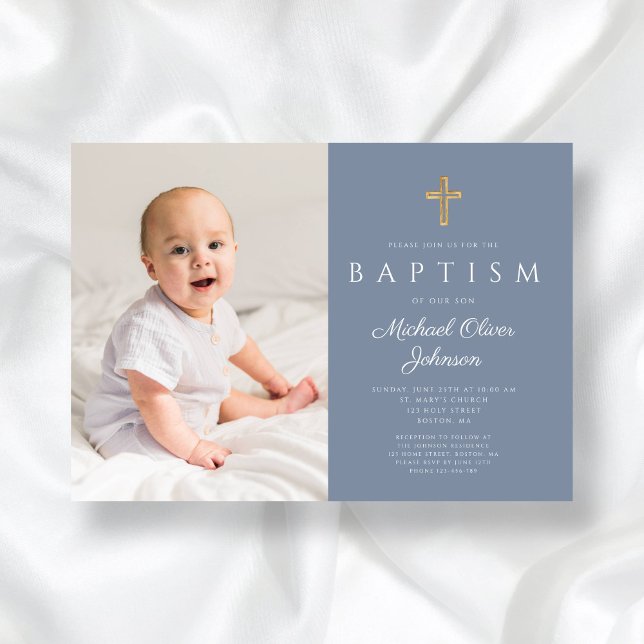 Dusty Blue Religious Cross Boy Photo Baptism Invitation (Dusty Blue Religious Cross Boy Photo Baptism Invitation)