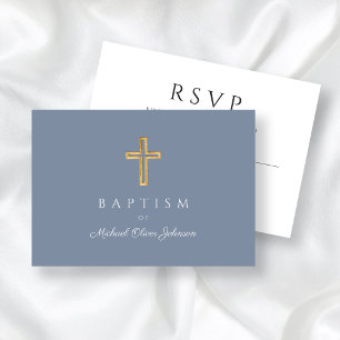 Dusty Blue Religious Wood Cross Boy Baptism RSVP Card