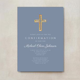 Dusty Blue Religious Wood Cross Boy Confirmation Invitation