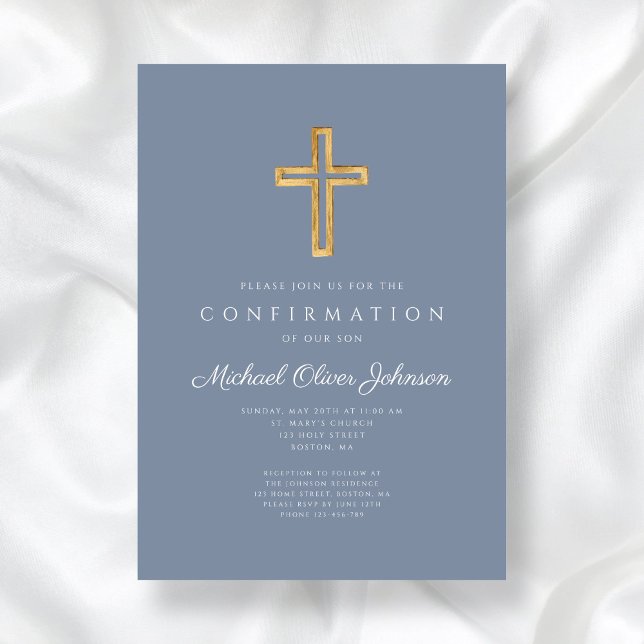 Dusty Blue Religious Wood Cross Boy Confirmation Invitation (Dusty Blue Religious Wood Cross Boy Confirmation Invitation)