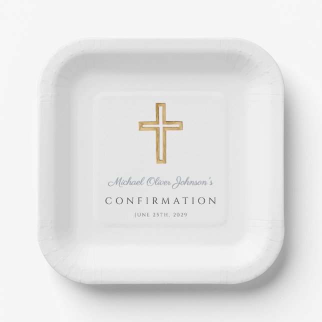 Dusty Blue Religious Wood Cross Boy Confirmation Paper Plate (Front)