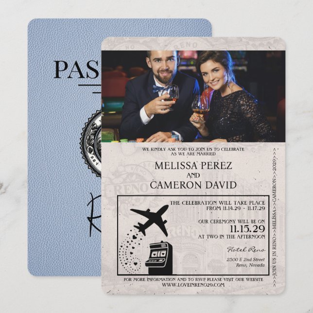 Dusty Blue Reno Passport Wedding Invitation (Front/Back)