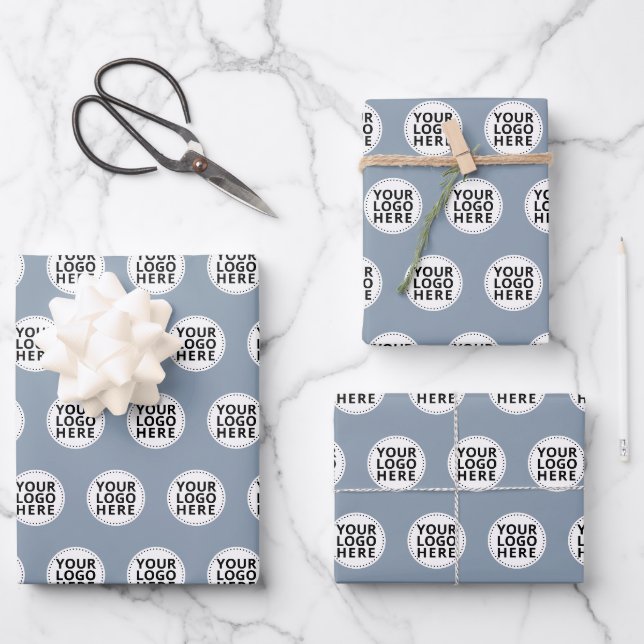 Dusty Blue Repeating Business Logo Wrapping Paper Sheet (Front)