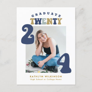 Dusty Blue Retro Groovy Fun Scrip Photo Graduation Invitation Postcard