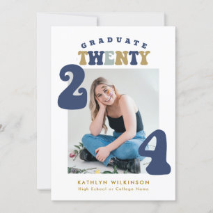 Dusty Blue Retro Groovy Script Photo Graduation Invitation