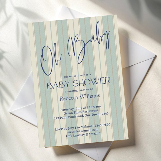 Dusty blue retro stripes vintage baby shower invitation (Dusty blue retro stripes vintage baby shower invitation cards template simple modern invitations)