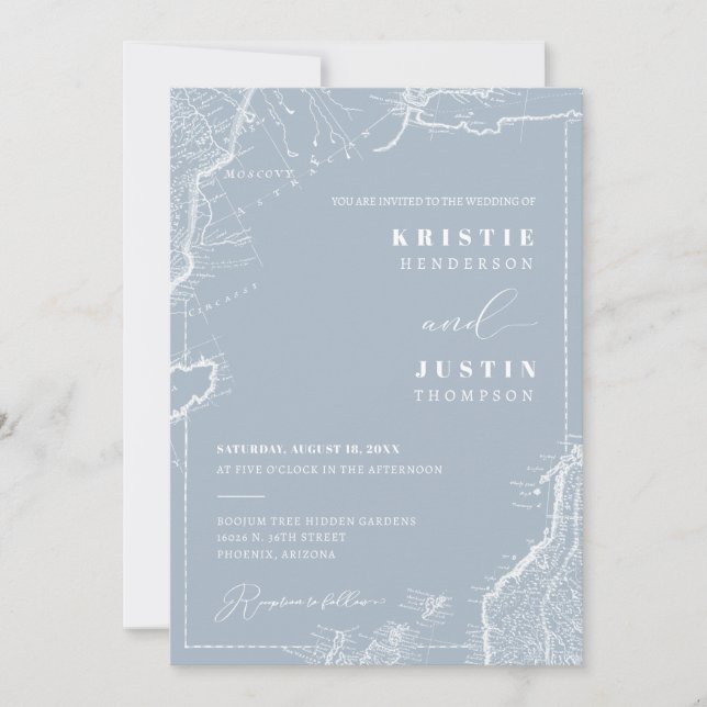 Dusty Blue Retro Travel QR Code Photo Wedding  Invitation (Front)