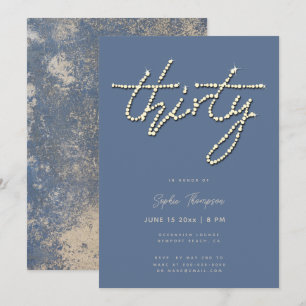 Dusty Blue Rhinestones Calligraphy 30th Birthday Invitation