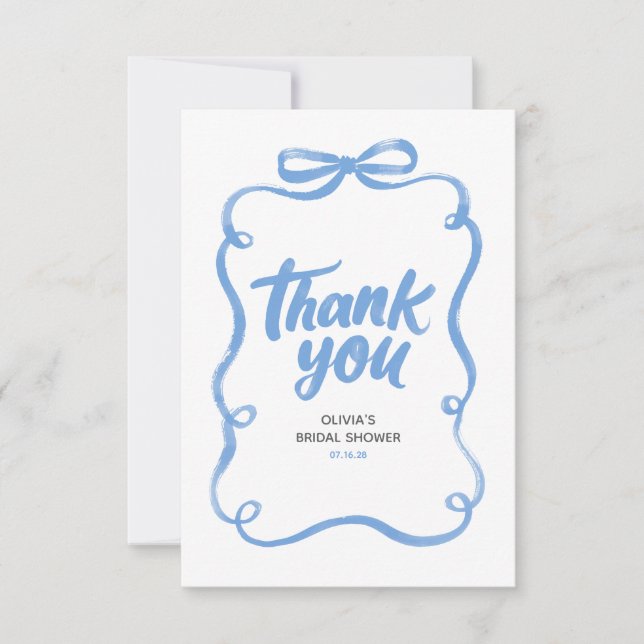 Dusty Blue Ribbon Bow Whimsical Bridal Shower Thank You Card (Front)