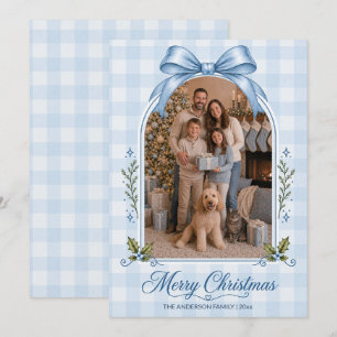 Dusty Blue Ribbon Gingham Arch Photo Christmas Holiday Card