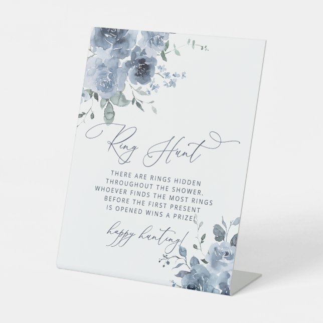 Dusty Blue Ring Hunt Bridal Shower Game Pedestal Sign (Front)