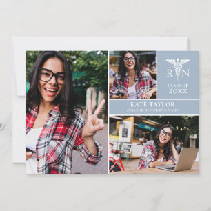 Dusty Blue RN Nursing 3 Photo Graduation Party Invitation