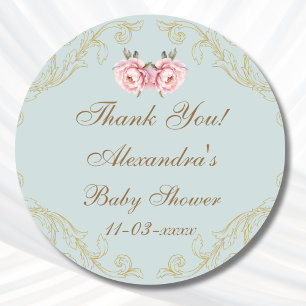 Dusty Blue Rococo Peony Baby Shower Thank You Classic Round Sticker
