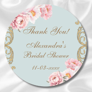 Dusty Blue Rococo Peony Bridal Shower Thank You Classic Round Sticker