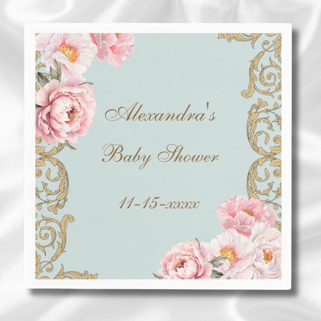 Dusty Blue Rococo Pink Floral Baby Shower Napkin (Creator Uploaded)