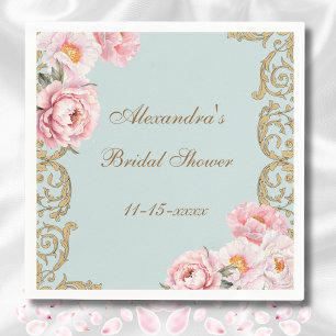 Dusty Blue Rococo Pink Peony Bridal Shower Napkin