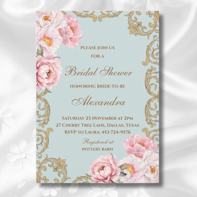 Dusty Blue Rococo Vintage Peony Bridal Shower Invitation (Creator Uploaded)