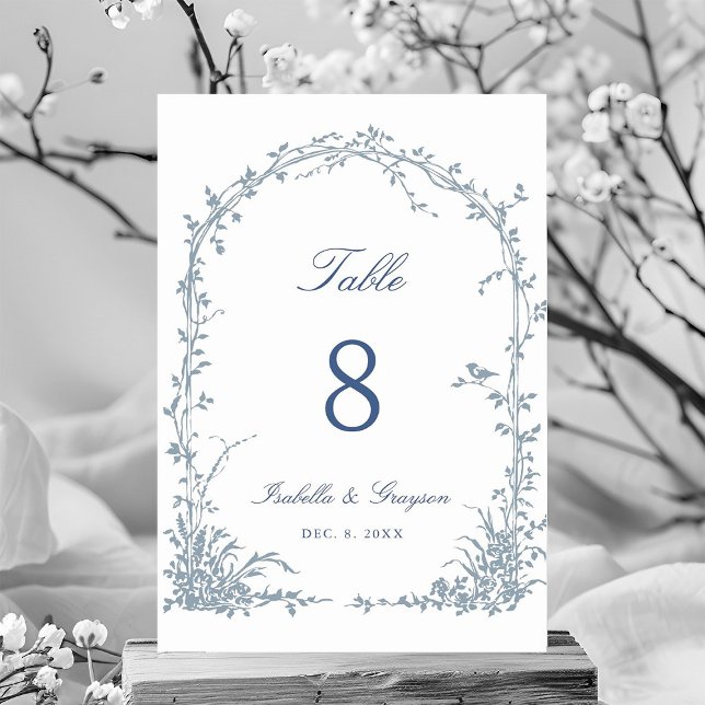 Dusty Blue Romantic Botanical Arch Garden Wedding Table Number (Creator Uploaded)