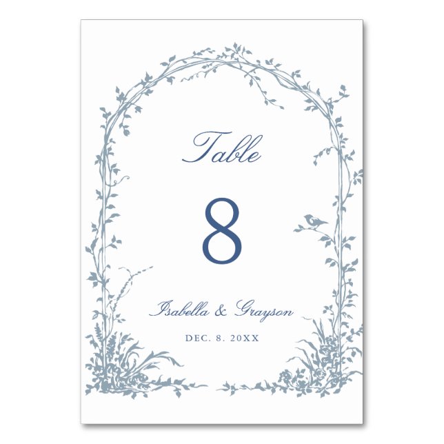 Dusty Blue Romantic Botanical Arch Garden Wedding Table Number (Back)