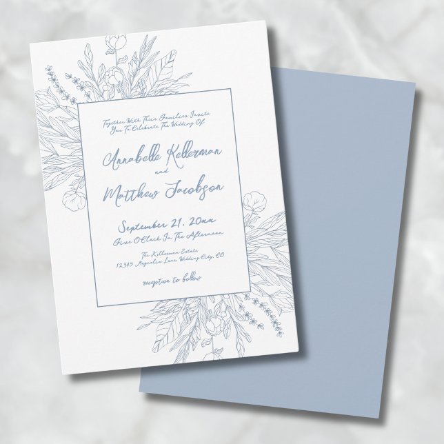 Dusty Blue Romantic Botanical Elegant Wedding Invitation (Dusty Blue Romantic Botanical Elegant Wedding Invitation)
