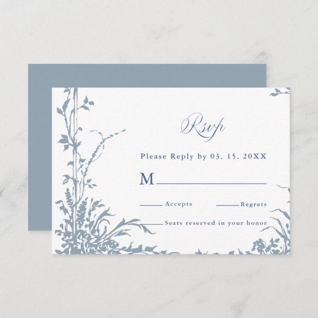 Dusty Blue Romantic Botanical Garden Wedding RSVP Card (Front/Back)