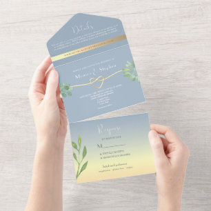 Dusty Blue Romantic Botanical Wedding All In One Invitation