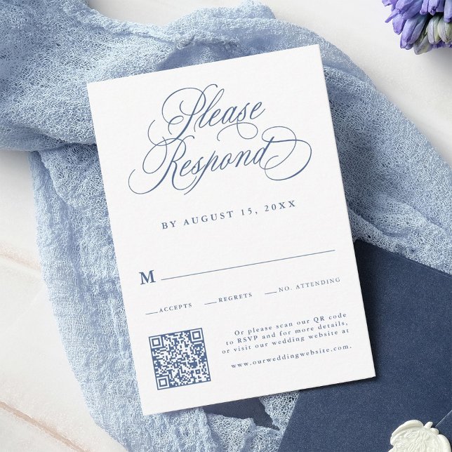 Dusty Blue Romantic Calligraphy Wedding QR Code  RSVP Card (Creator Uploaded)