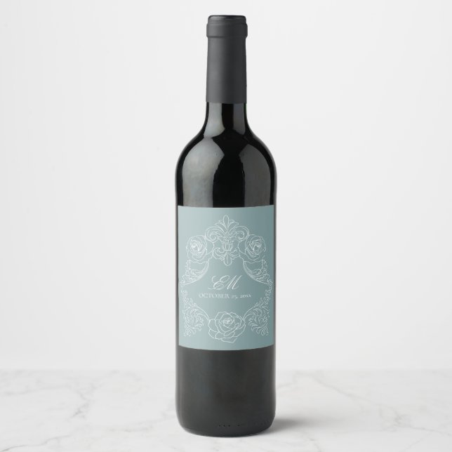 Dusty Blue Romantic Crest Monogram Wine Label (Front)