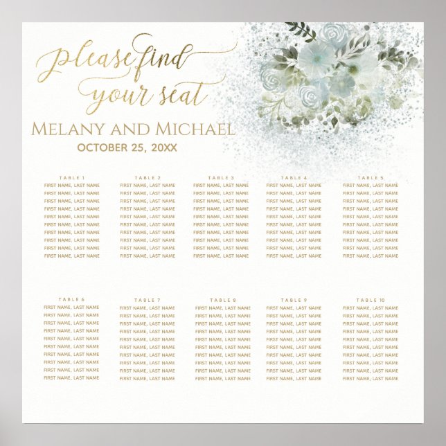 Dusty blue romantic floral gold calligraphy poster (Front)