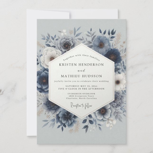 Dusty Blue Romantic Floral Wedding Invitation (Front)