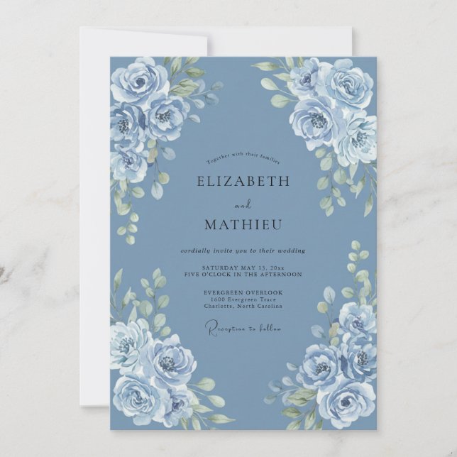 Dusty Blue Romantic Flourish Wedding Invitation (Front)