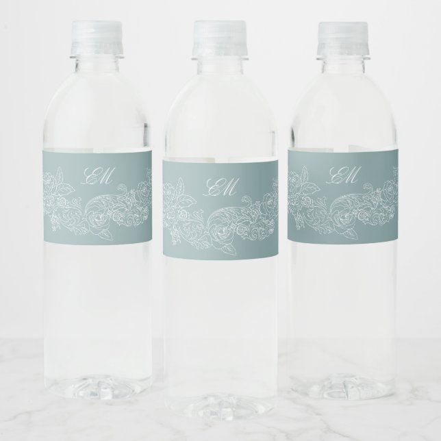 Dusty Blue Romantic Ornament Initials Water Bottle Label (Bottles)