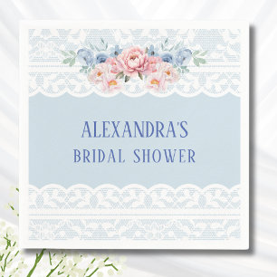Dusty Blue Romantic Pink Peony Lace Bridal Shower Napkin
