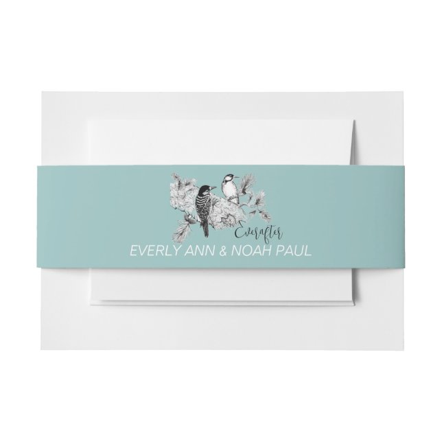 Dusty Blue Romantic Rustic Woodpecker Love Birds Invitation Belly Band (Front Example)