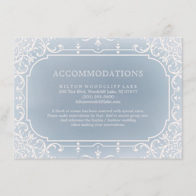 Dusty blue romantic vintage wedding accommodation enclosure card (Front)