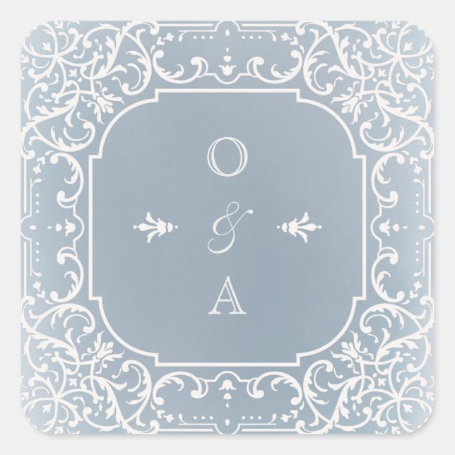 Dusty blue romantic vintage wedding monogram square sticker (Front)