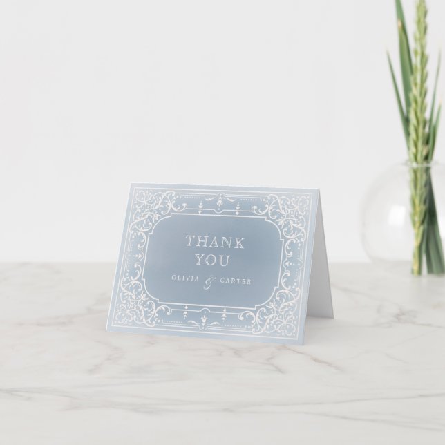 Dusty blue romantic vintage wedding thank you card (Front)