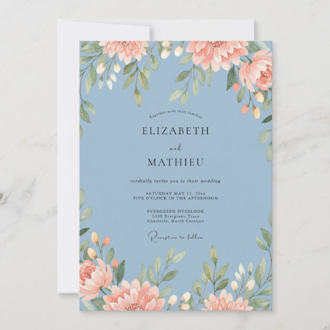 Dusty Blue Romantic Watercolor Spring Wedding Invitation (Front)