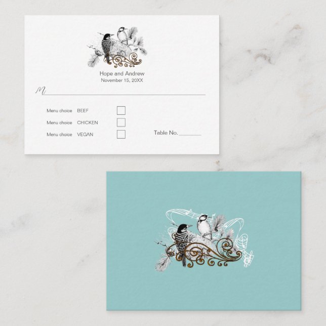 Dusty Blue Romantic Woodpecker Love Birds  Place Card (Front/Back)