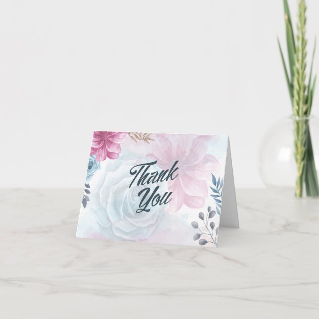 Dusty Blue Rose and Pink Floral Thank You Card (Front)