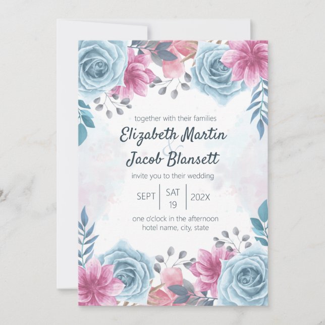 Dusty Blue Rose and Pink Floral Wedding Invitation (Front)