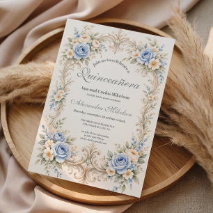Dusty Blue Rose Baroque Quinceañera Invitation