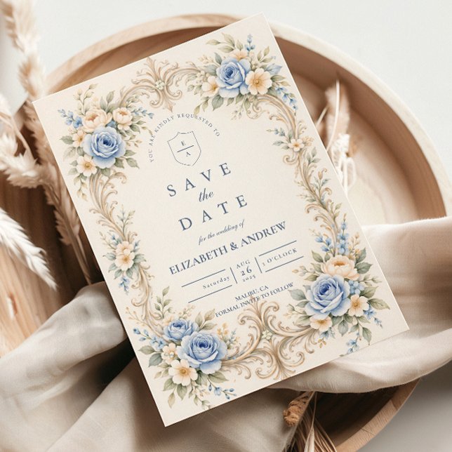 Dusty Blue Rose Baroque Wedding Save The Date (Creator Uploaded)