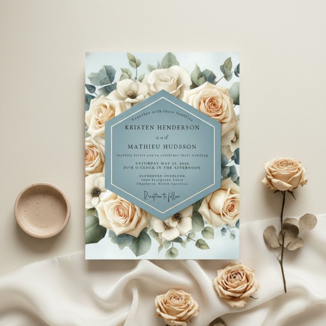 Dusty Blue Rose Bloom Wedding Invitation (Creator Uploaded)