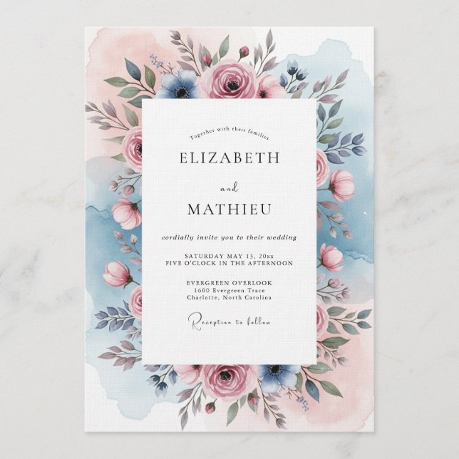 Dusty Blue Rose Botanical Wedding Invitation (Front)