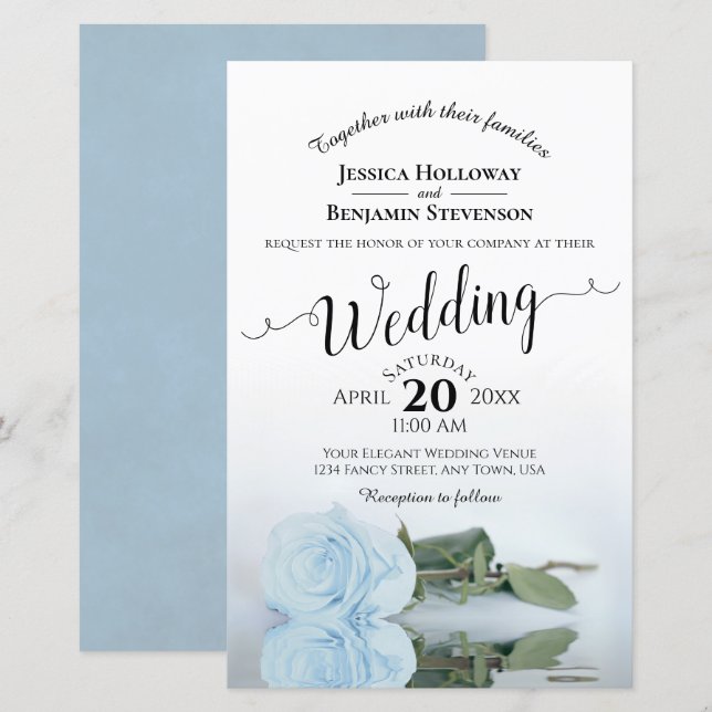 Dusty Blue Rose Chic BUDGET Wedding Invitation (Front/Back)