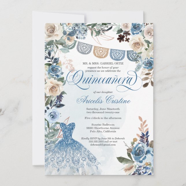 Dusty Blue Rose Country Flowers Quinceañera Invitation (Front)