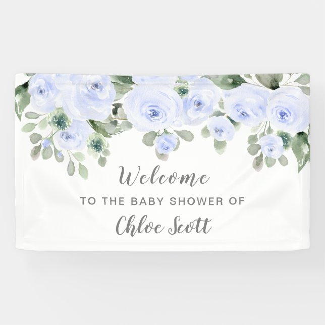 Dusty Blue Rose Floral Baby Shower Welcome  Banner (Horizontal)