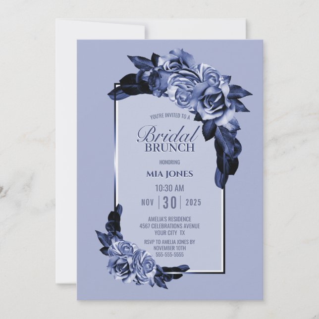 Dusty Blue Rose Floral Bridal Brunch Invitation (Front)